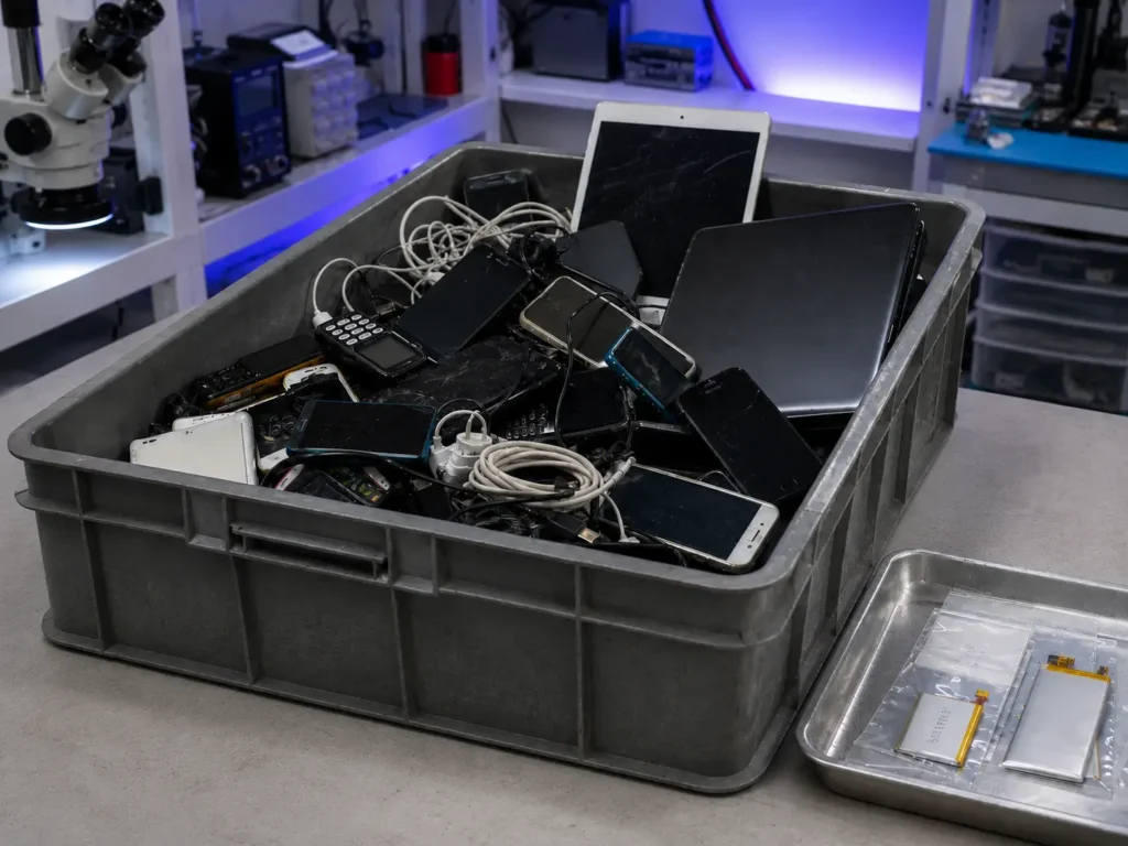 Used phones, tablets, laptops and cables collected for free electronics recycling at WeFixed in Arlington, Virginia