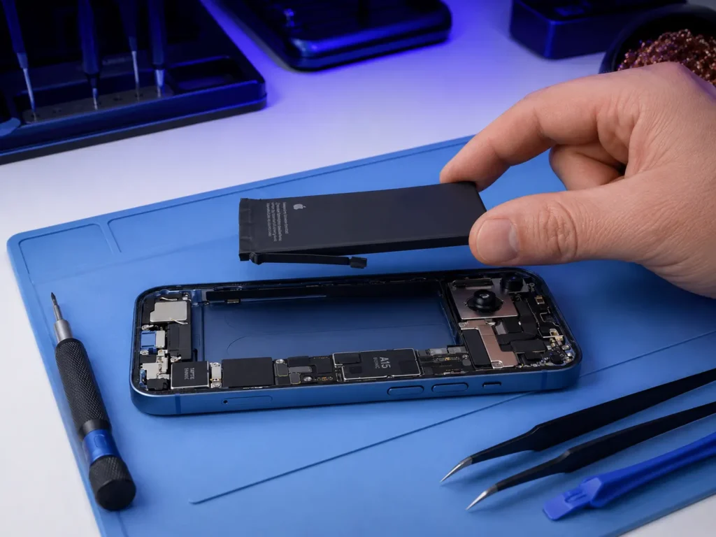 Technician replacing a smartphone battery