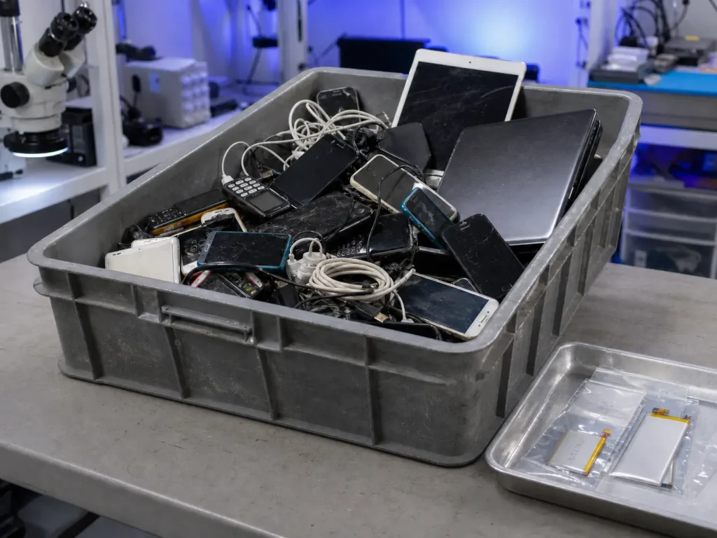 Used phones, tablet, laptop and cables collected in a level recycling tote with batteries isolated separately at WeFixed in Arlington, Virginia