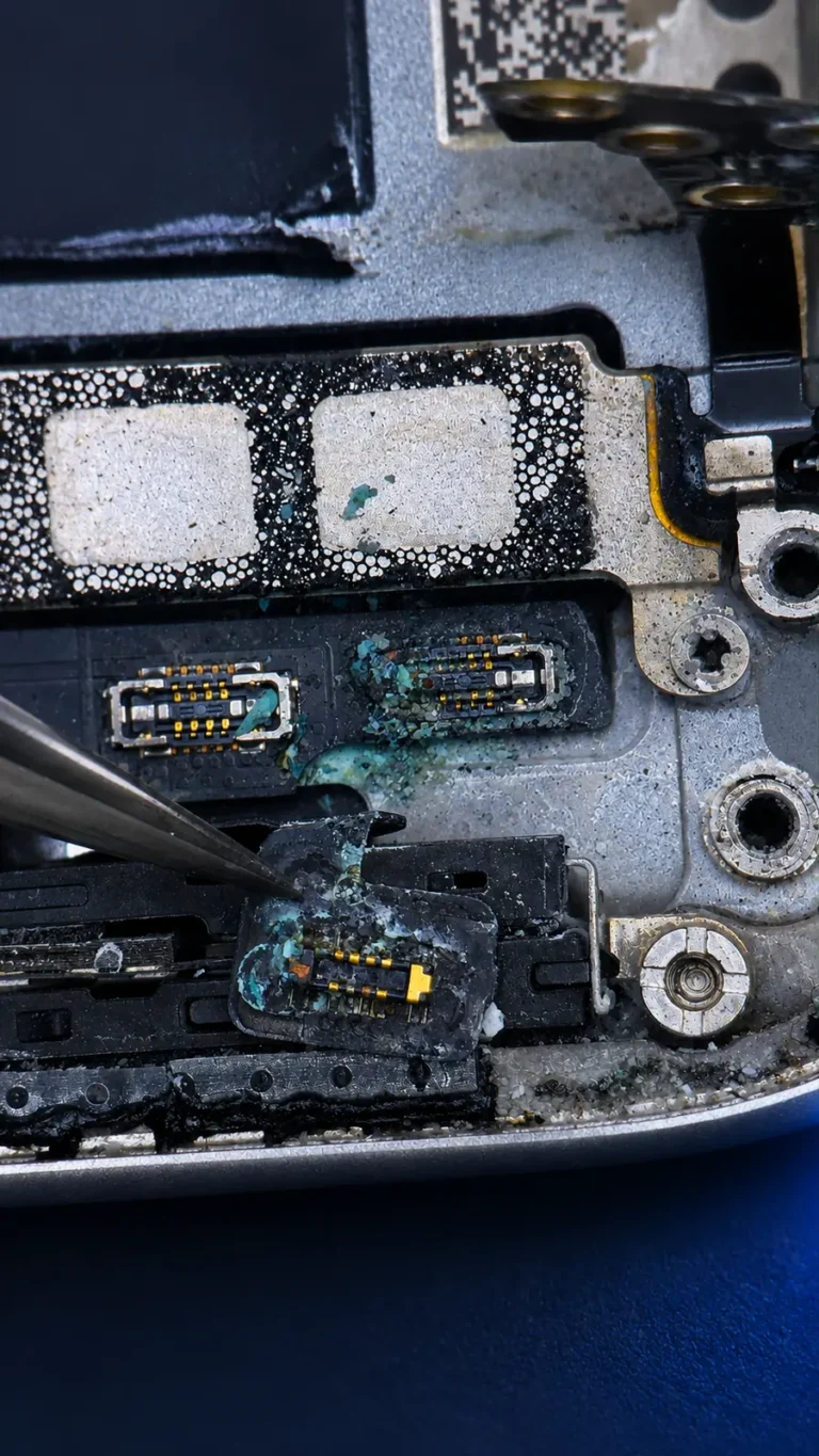 Water-damage recovery — Macro · corrosion clean