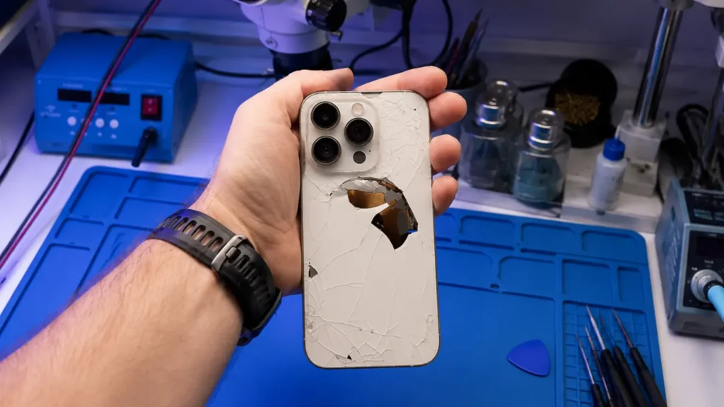 Cracked iPhone back glass held above a professional repair workstation.