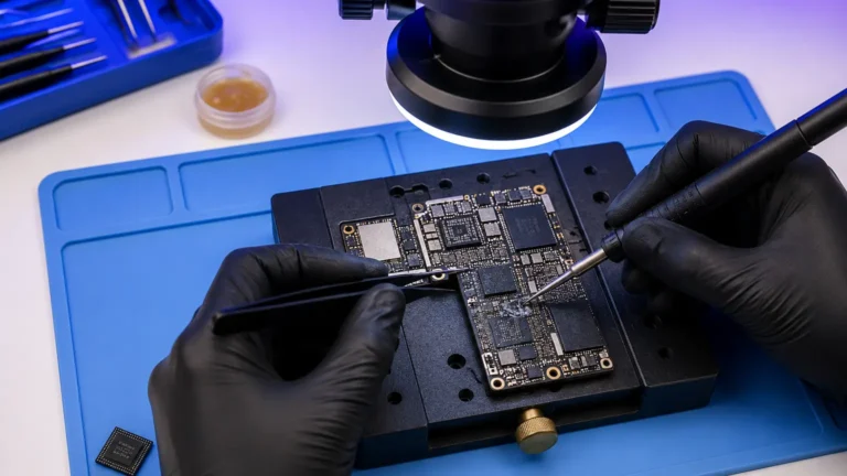 Technician microsoldering a phone logic board under a microscope.