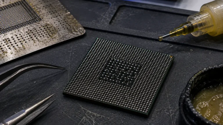 Close-up of uniform solder balls on the underside of a processor during reballing.