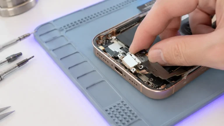 Technician fitting a charging-port assembly inside an opened iPhone at WeFixed Electronics.