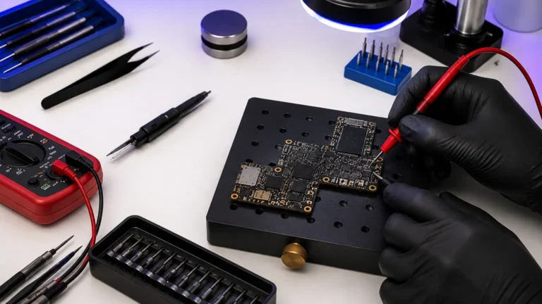 Technician in black gloves probing a phone logic board with a multimeter.