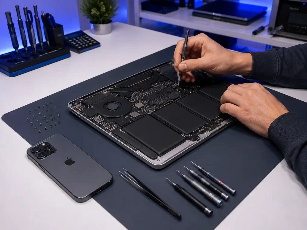 Technician repairing a MacBook logic board