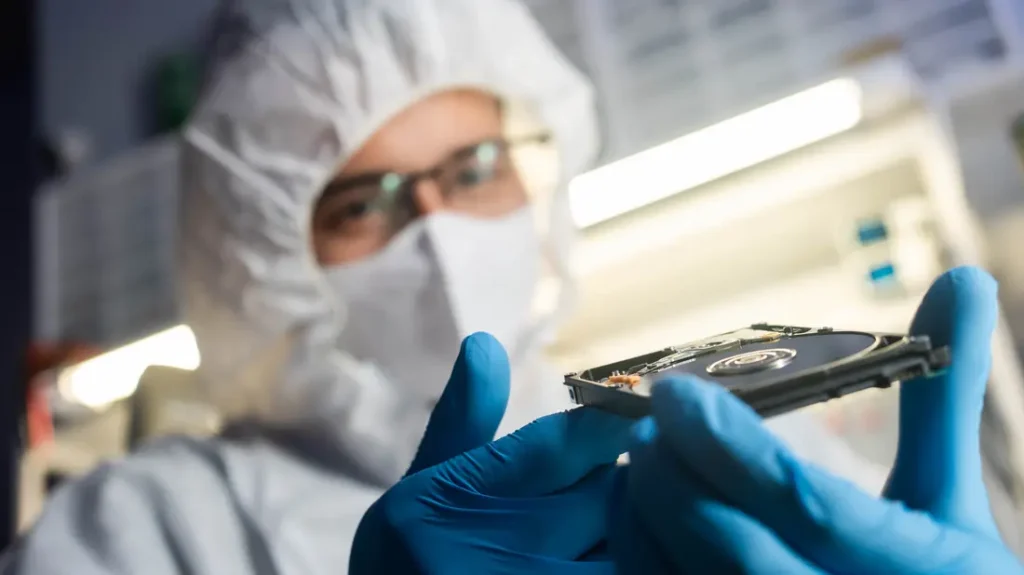 A hard drive held under the light at the WeFixed Repair Center in Arlington, VA