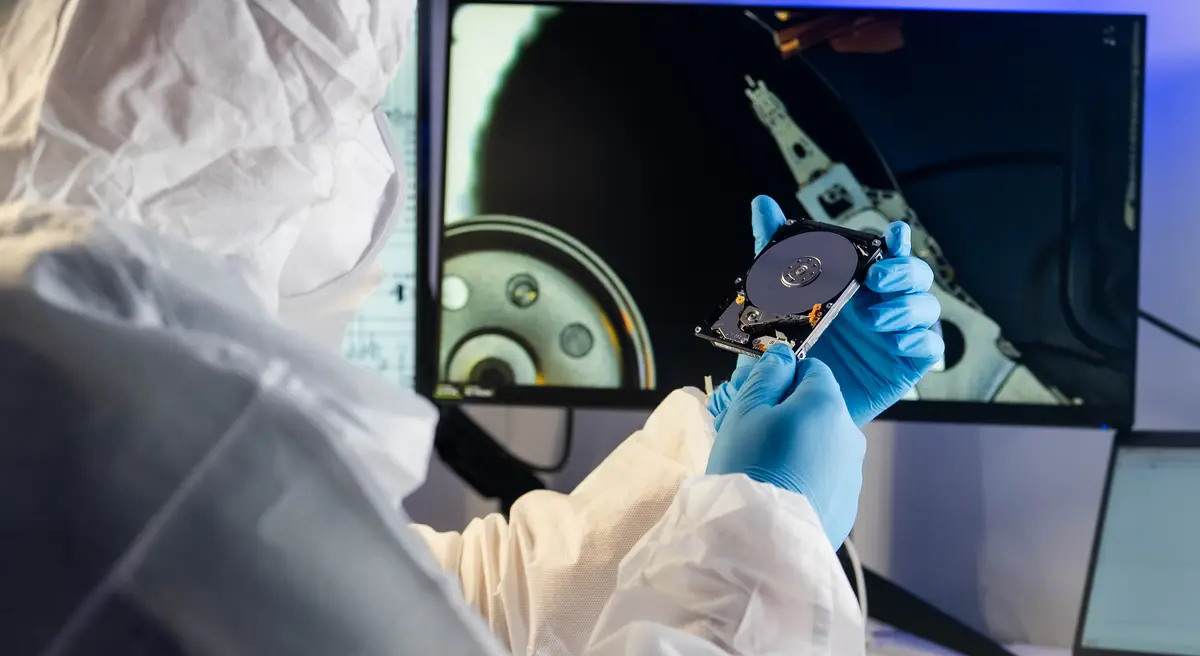 A hard drive head assembly shown on a workstation monitor during a diagnostic at the WeFixed Repair Center in Arlington, VA