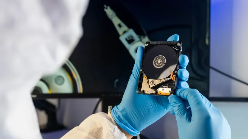 An opened hard drive held in gloved hands at the WeFixed Repair Center