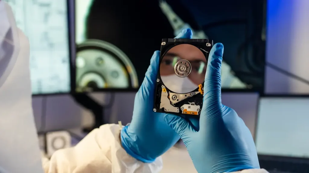 A hard drive platter held up in the WeFixed cleanroom, the technician reflected in its surface