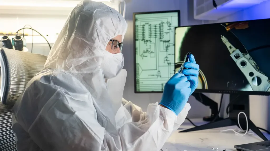 A WeFixed technician working on drive electronics beside a board schematic in Arlington, VA